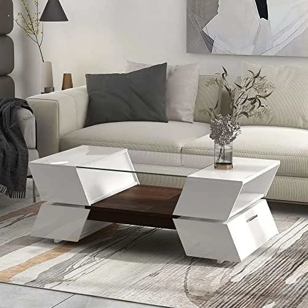 CHGTYS Modern Coffee Table  2-Tier Rectangular Coffee Table with    Cocktail Table with High-Gloss UV Surface  Minimalist Design Center Table with Silver Metal Legs for Living Room（White）