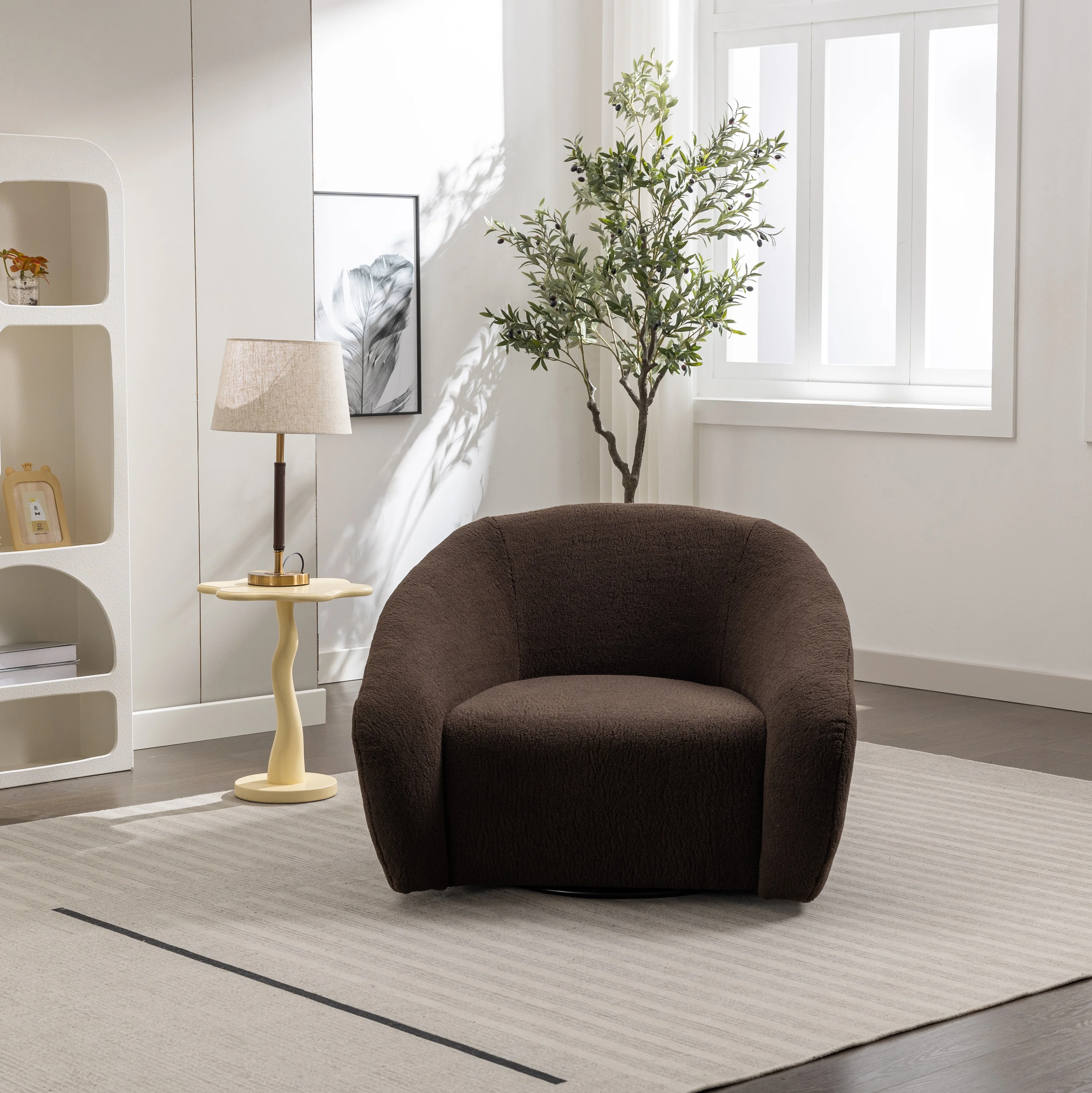 Roundhill Furniture Luzern Modern Boucle Upholstered Accent Chair, 360° Swivel, Chocolate