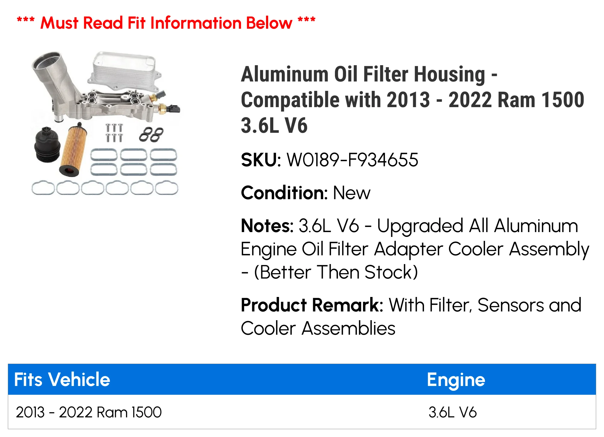 Aluminum Oil Filter Housing - Compatible with 2013 - 2022 Ram 1500 3.6L V6 2014 2015 2016 2017 2018 2019 2020 2021