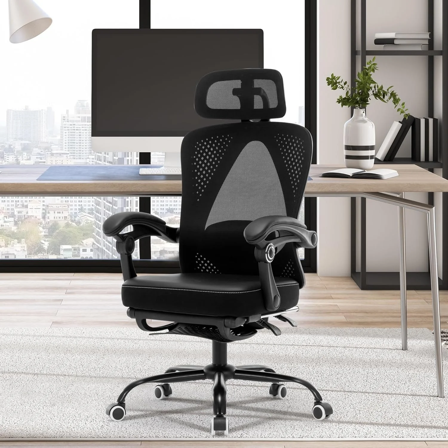 Office Chair Ergonomic Desk Chair, Reclining PU Cushion Mesh Computer Chair with Adjustable Lumbar Support, Headrest and Footrest, High Back Home Office Desk Chair, 360° Swivel Executive Task Chair