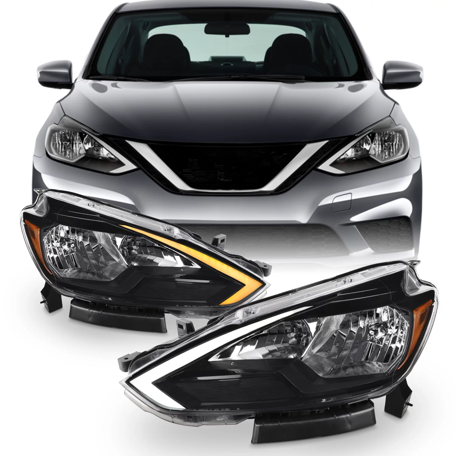 AKKON - Fits 2016-2019 Sentra LED Tube DRL Running Switchback Turn Signal [Halogen Type] Black Headlight Pair Left+Right