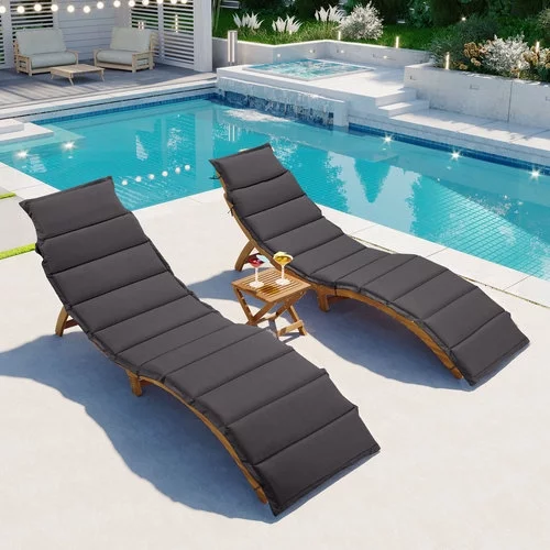 Churanty Outdoor Chaise Lounge Set of 2 Patio Wood Beach Folding Sunbathing Recliner with Table for Pool Balcony Poolside,Grey Cushion