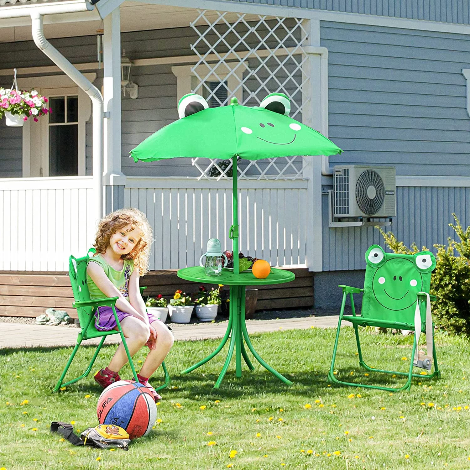 Folding Kids Table and Chair Set, Picnic Table with Frog Pattern Removable & Height Adjustable Sun Umbrella for Garden, Backyard, Green