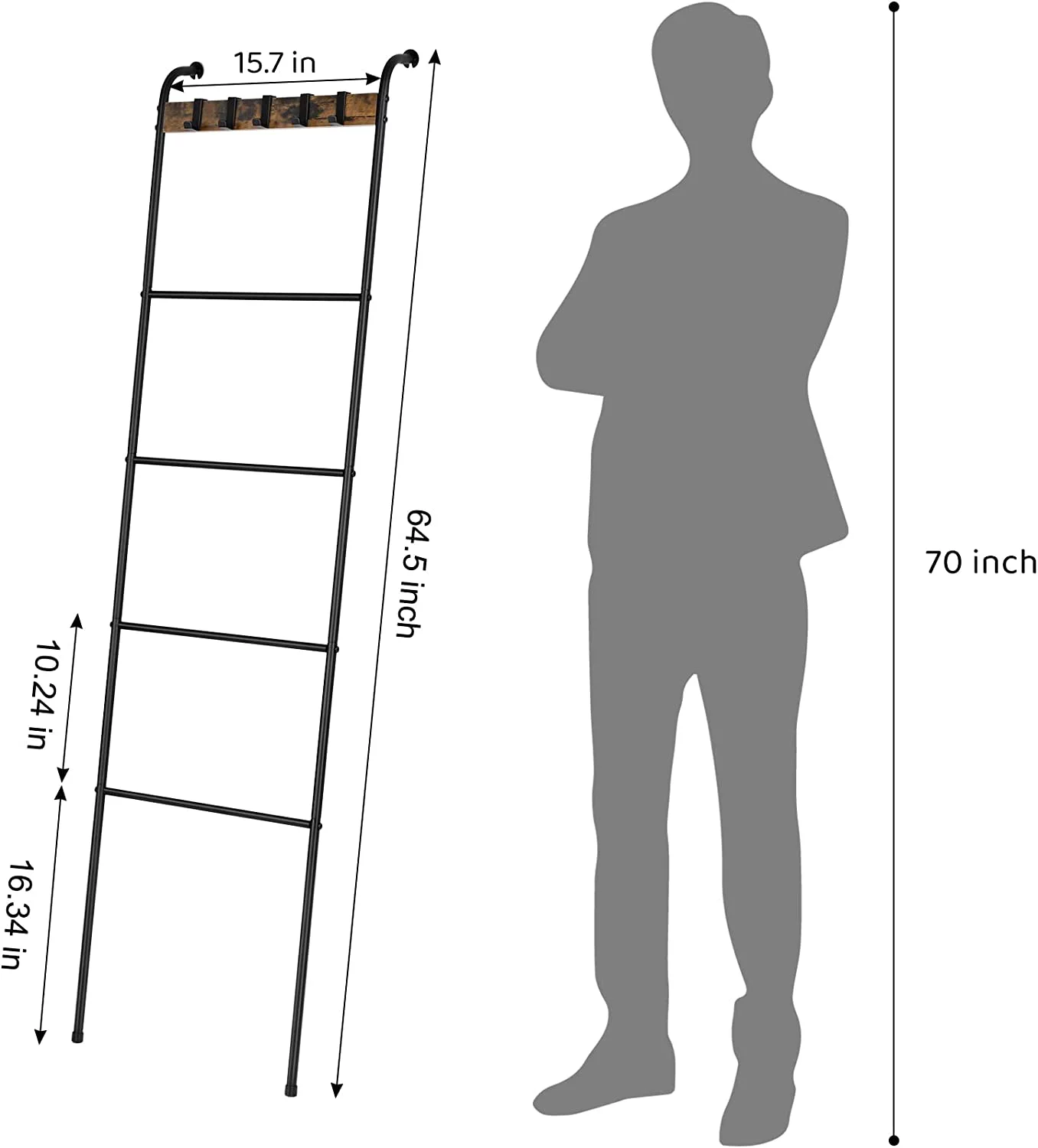 Oumilen 5 Tier 64.5 in. Farmhouse Wall Mounted Blanket Ladder Rack with 5 Hanging Hooks (LT-BFE182-141)