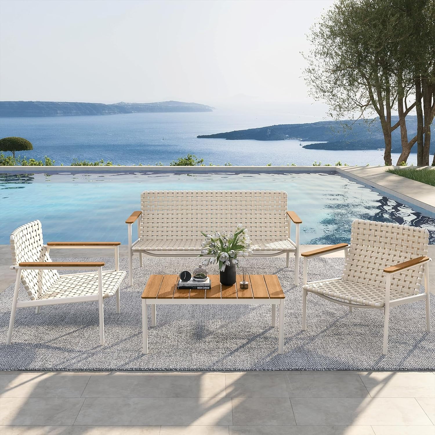 Grand Patio 4-Piece Aluminum Patio Furniture Set, Wide Wicker Sofa Set with Wood Grain Coffee Table and Water-Resistant Olefin Cushions
