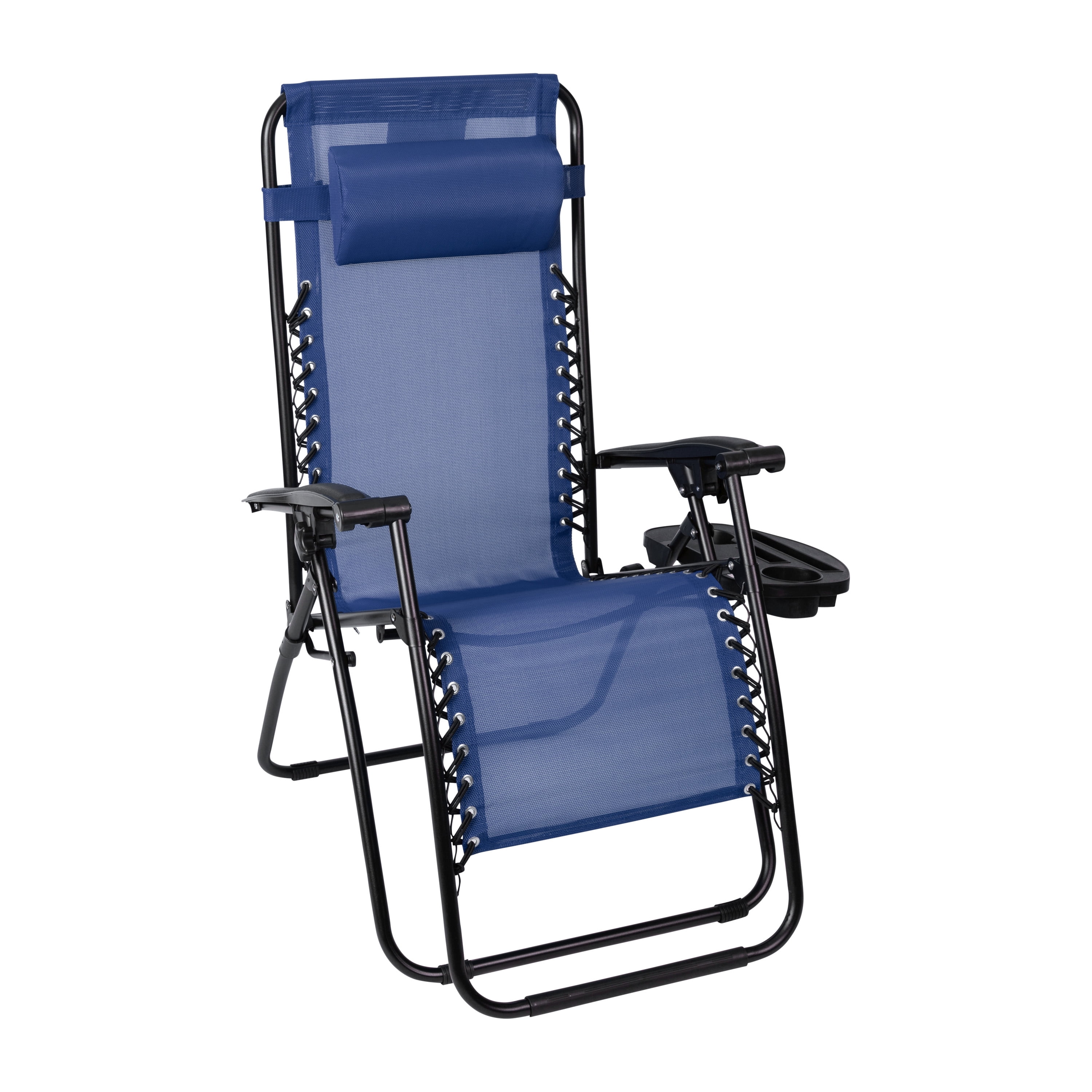 Merrick Lane Set of 2 Navy Folding Mesh Upholstered Zero Gravity Chair with Removable Pillow and Cupholder Tray
