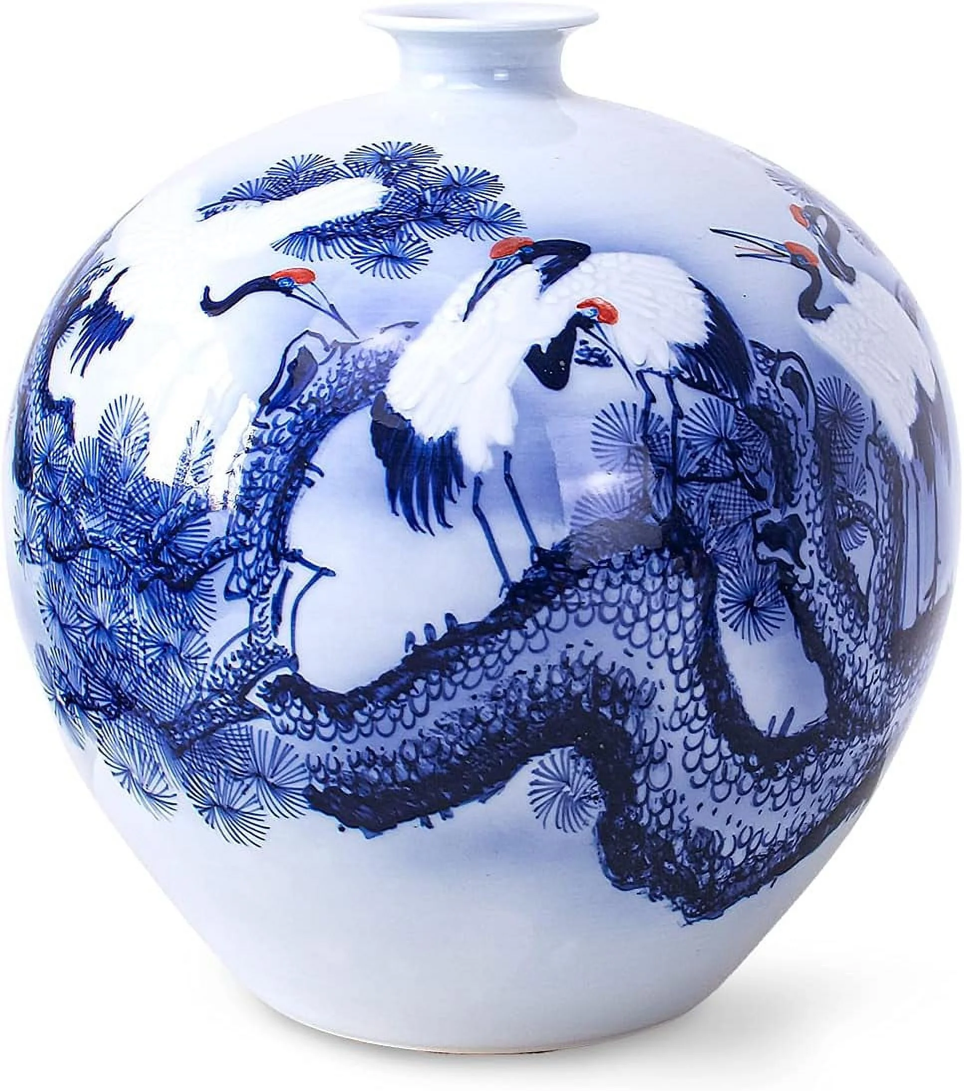 Blue And White Vase, Hand Painted Chinese Porcelain Flower Vase, Certified Masterpiece Longevity Cranes, Pomegranate Shape 11 Inches