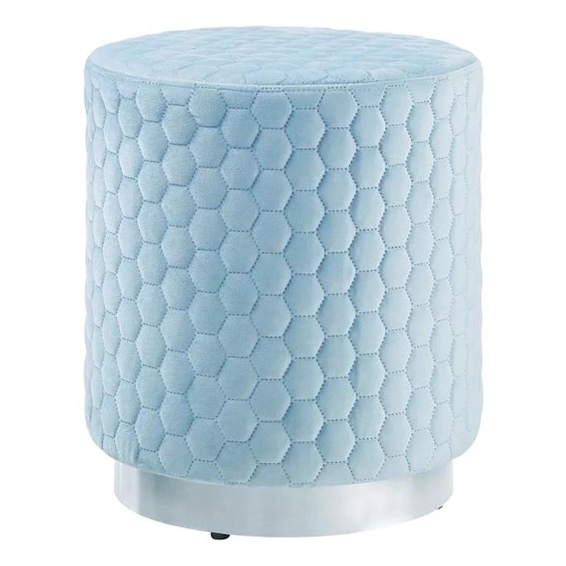 Linon Aiden Round Quilted Fabric Stool with Silver Metal Base in Blue