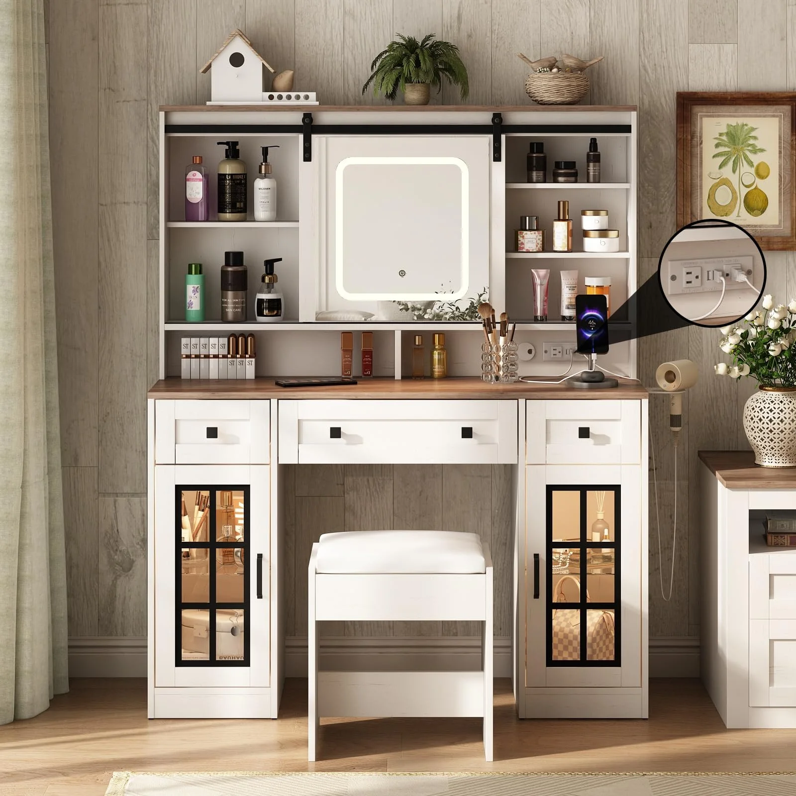 Vabches Farmhouse Makeup Vanity Desk with Sliding Mirror Large Vanity Table with 3 Drawers and Charging Station, White