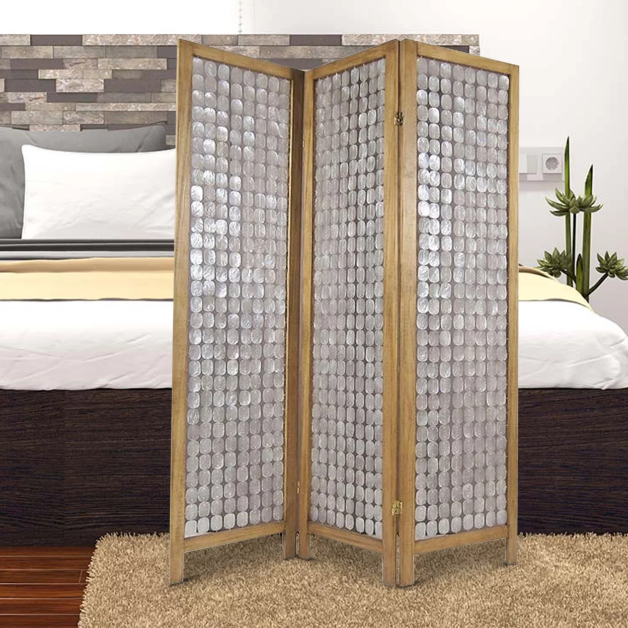 Benjara 3 Panel Wooden Screen with Pearl Motif Accent, Brown and Silver
