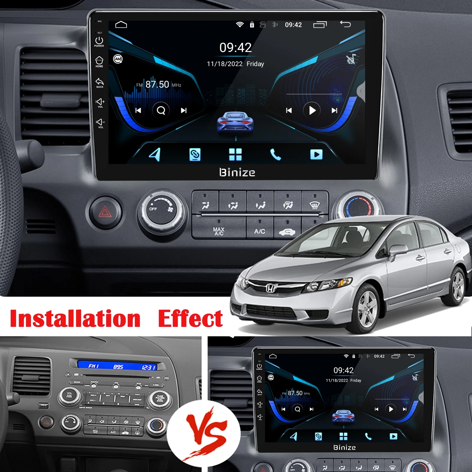 Binize Android 12 Car Stereo Compatible with CarPlay&Android Auto,10 Inch Touch Screen Car Radio Support Bluetooth,GPS Navigation for Honda Civic 2006-2011