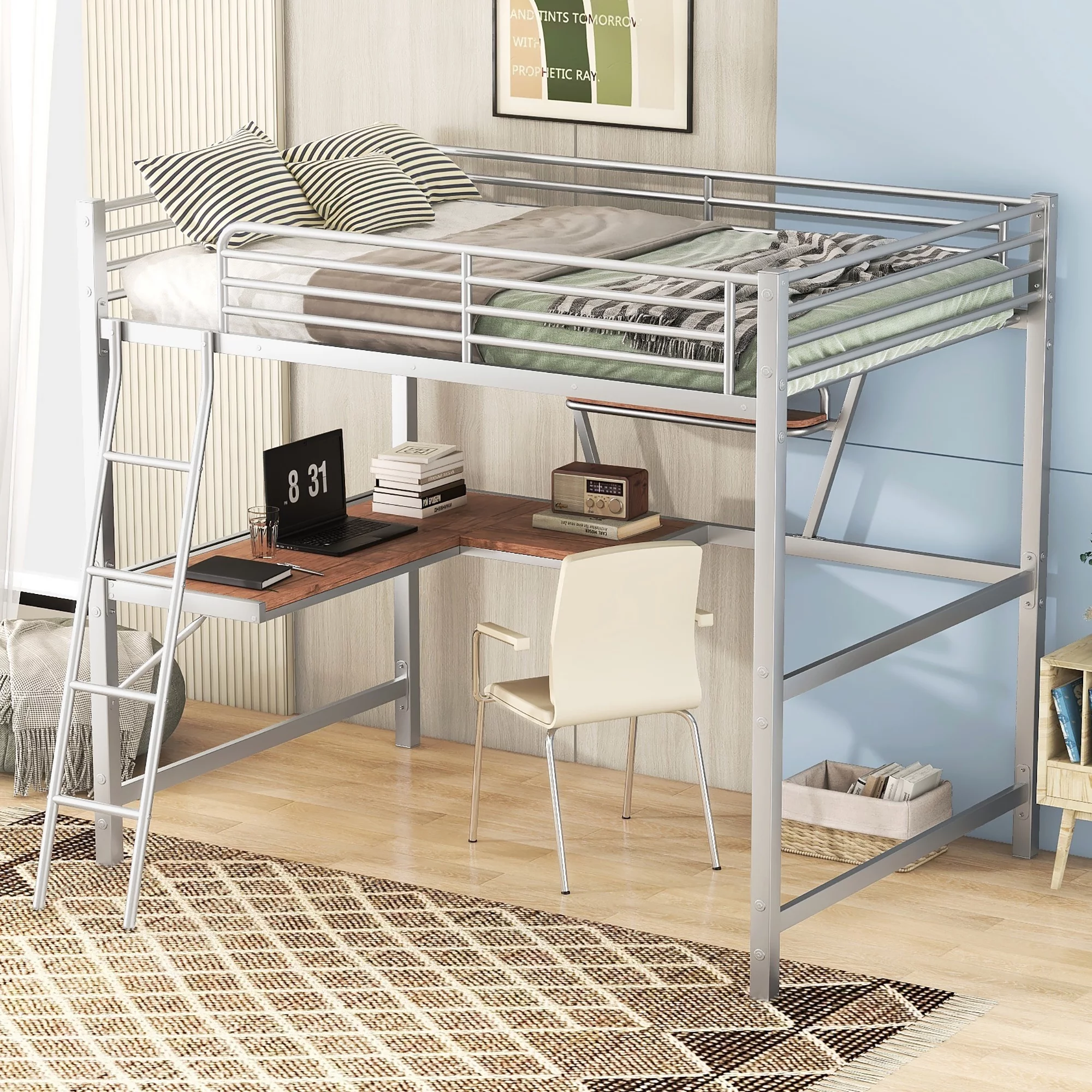 DeeHome Full Size Loft Metal&MDF Bed with Desk and Shelf, Silver