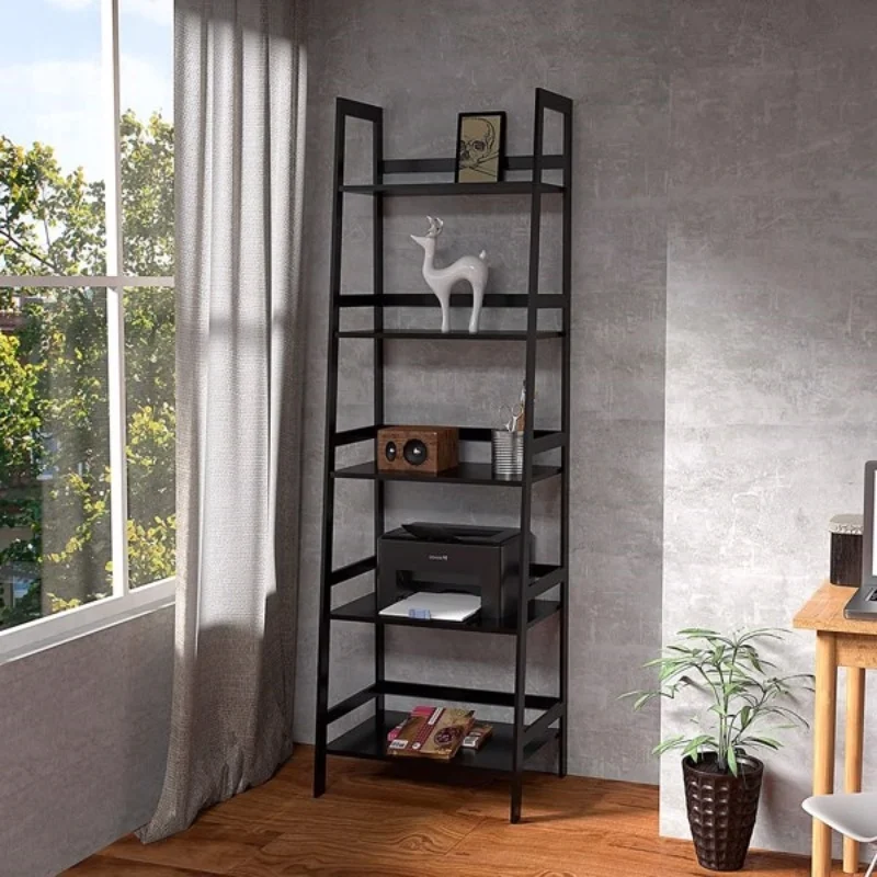 5-Tier Ladder Shelf, Industrial Leaning Bookcase, Wood and Metal Ladder Bookshelf for Living Room, Bedroom, Kitchen, Home Office (Black)