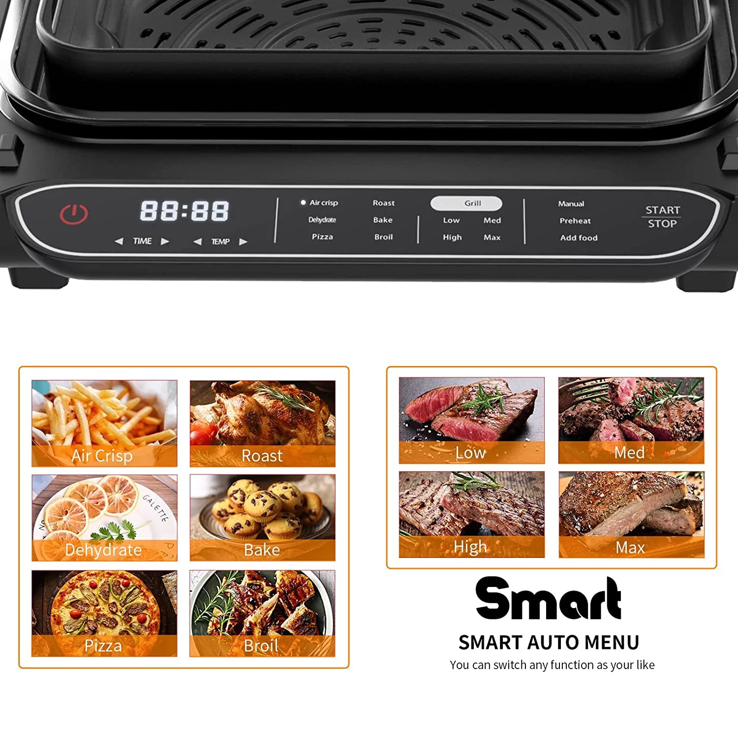 Smart Air Fryer Indoor Grill Combo, 7-in-1 Baking Oven Roastor Cooking Pan Food Dehydration Smokeless & Oilless Cooker, Electric Countertop Griddle, E-Recipes & Accessories, ETL Certified, Black