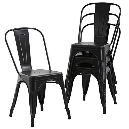 Metal Dining Chairs Set of 4 Indoor Outdoor Patio Chairs Stackable Kitchen Chairs with Back Restaurant Chair 330 LBS Capacity (Black)