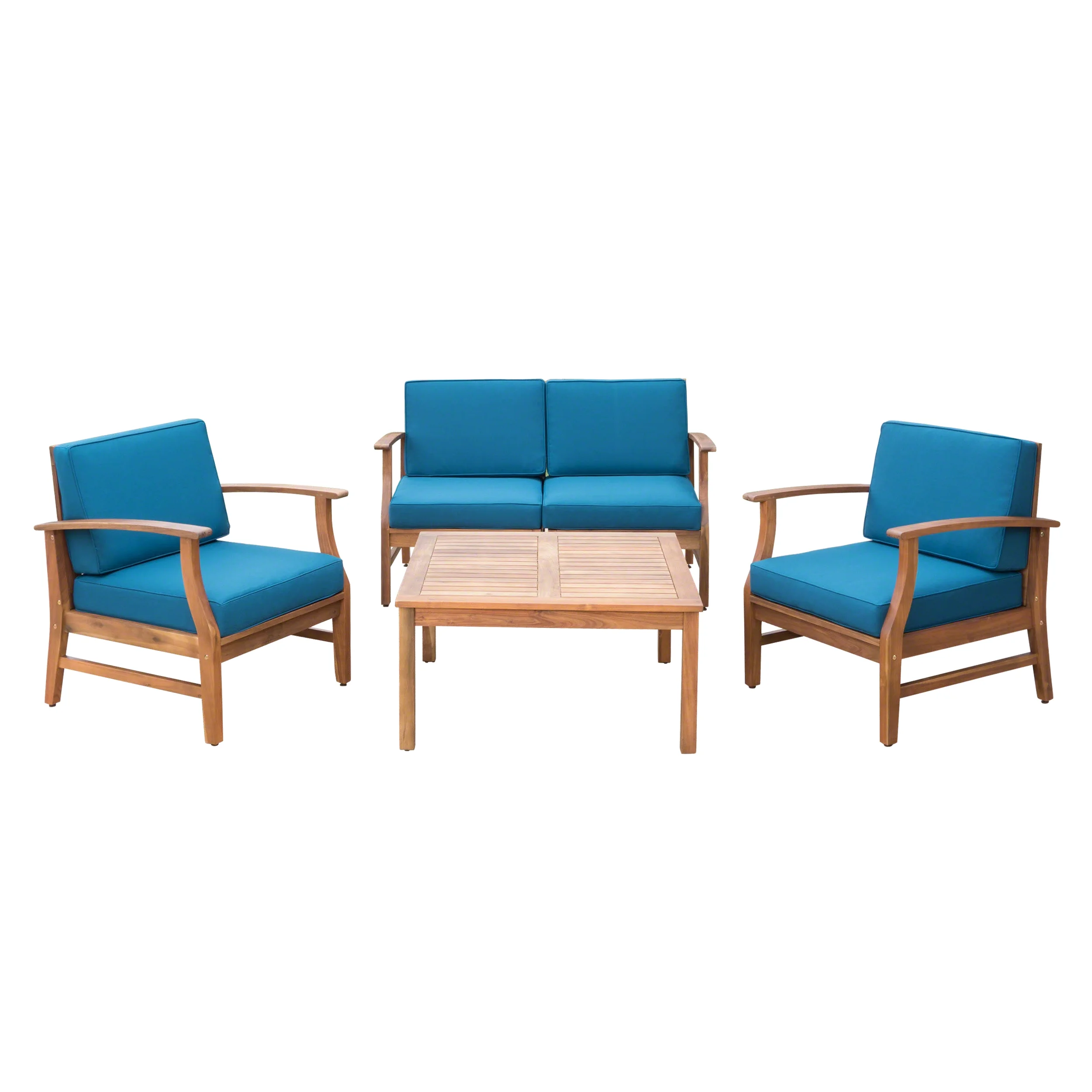 Pearl Outdoor 4 Seater Finished Acacia Wood Chat Set with Cushions,Teak,Blue