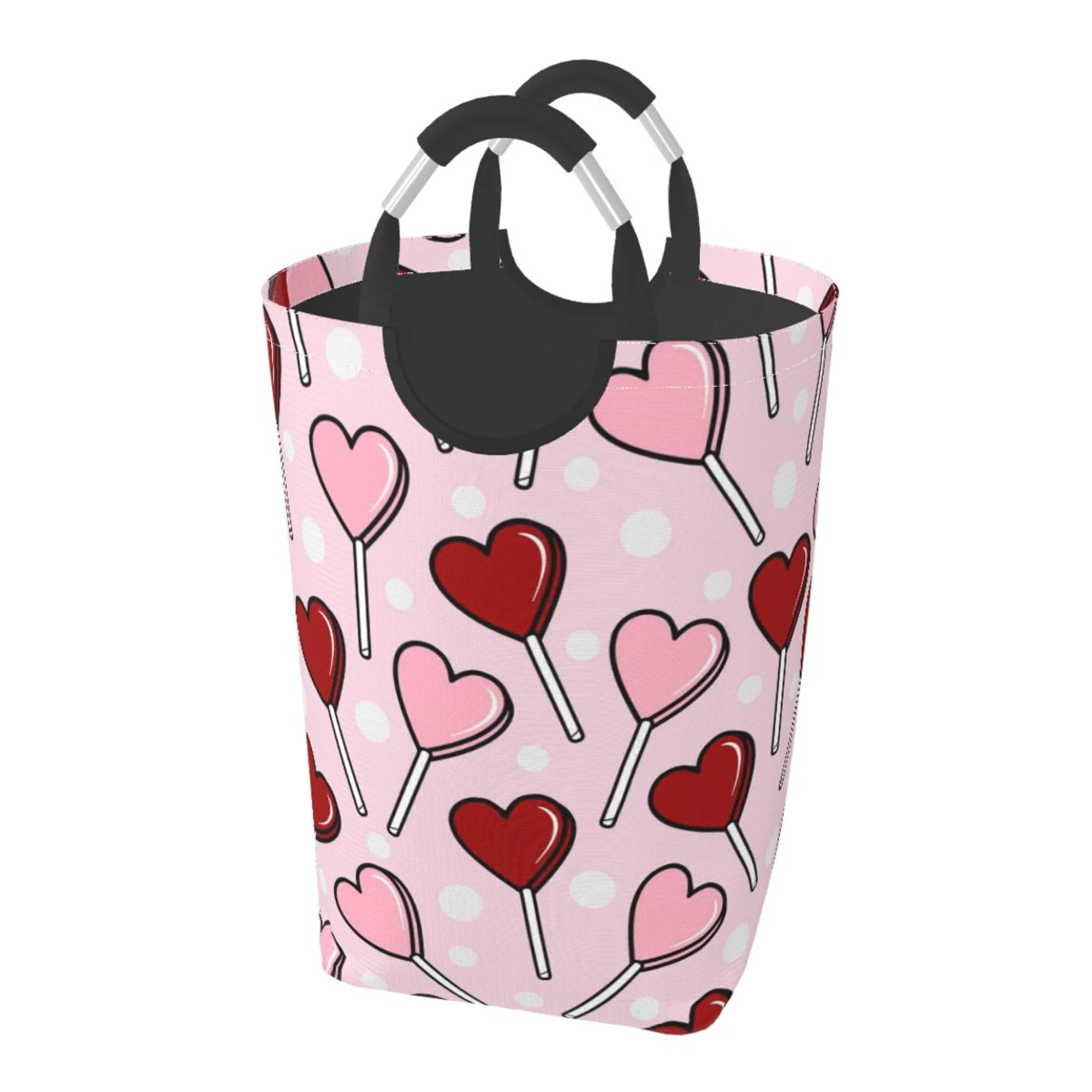 TEQUAN 50L Large Rectangular Laundry Hamper with Aluminum Handles, Red Pink lollipop Hearts Prints Waterproof Foldable Dirty Clothes Basket