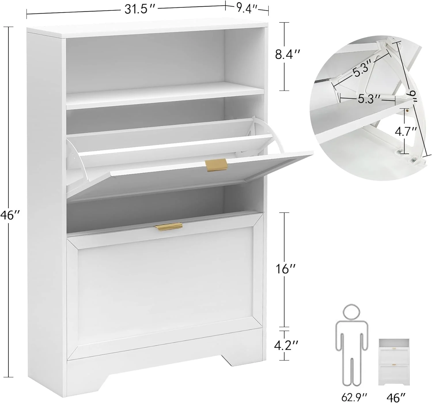 YGDU White Shoe Cabinet for Entryway, Slim Shoe Storage Cabinet with 2 Flip Drawers and Open Shelf, 3-Tier Wooden Shoe Rack Cabinet for Hallway Apartment