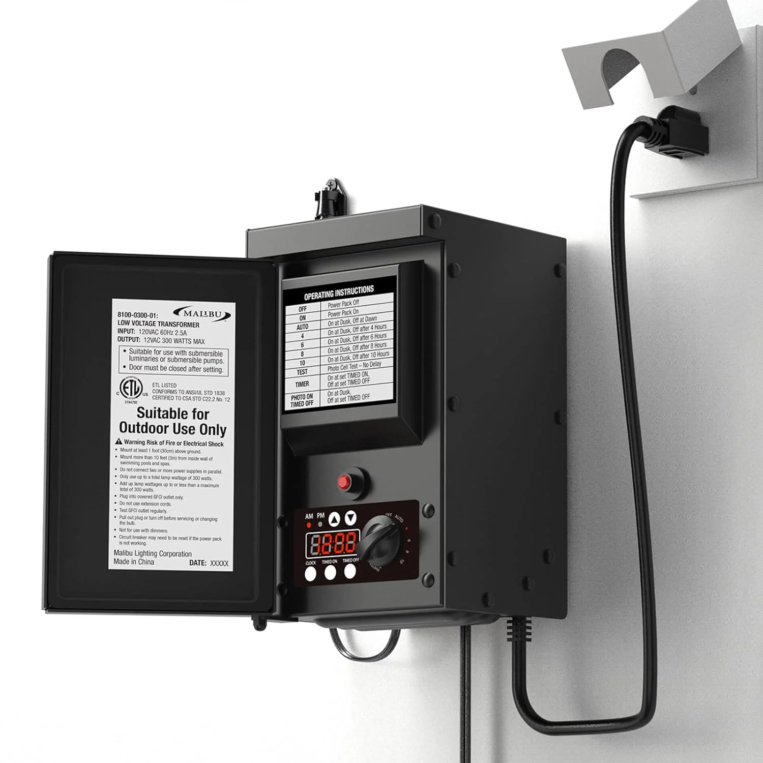 Malibu Low Voltage Transformer 300 Watt for Outdoor Landscape Lighting with Photocell Sensor Timer and Weather Shield for Spotlight Floodlight Garden Pathway Light 120V AC to 12V AC