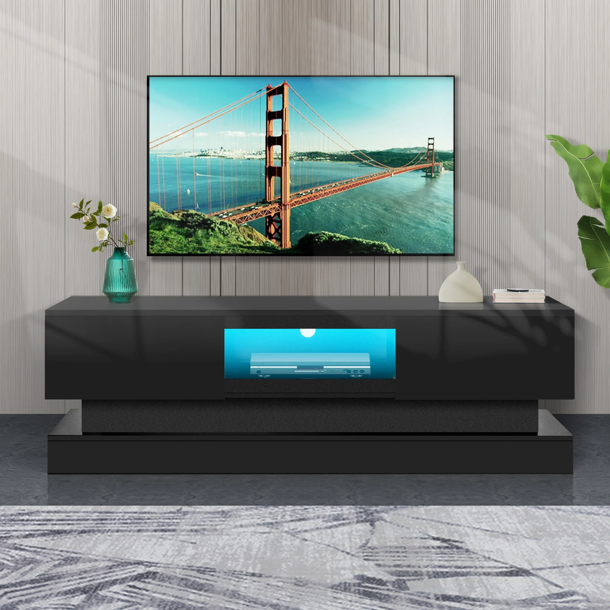 PAPROOS Black TV Stand for 32-55 Inch TV, New Upgraded High Glossy TV Cabinet with 16 Colors LED Lights, Modern TV Console Table with 2 Big Storage Drawers, Living Room Entertainment Center