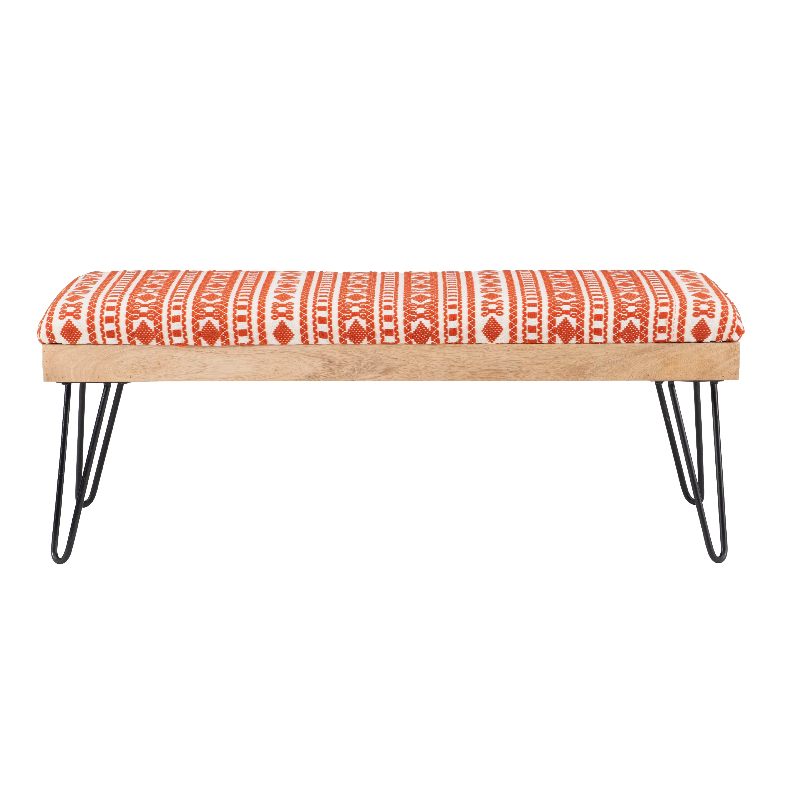 Newley Upholstered Bench, Black Hairpin Legs with Terra Cotta and Natural Stripe Fabric