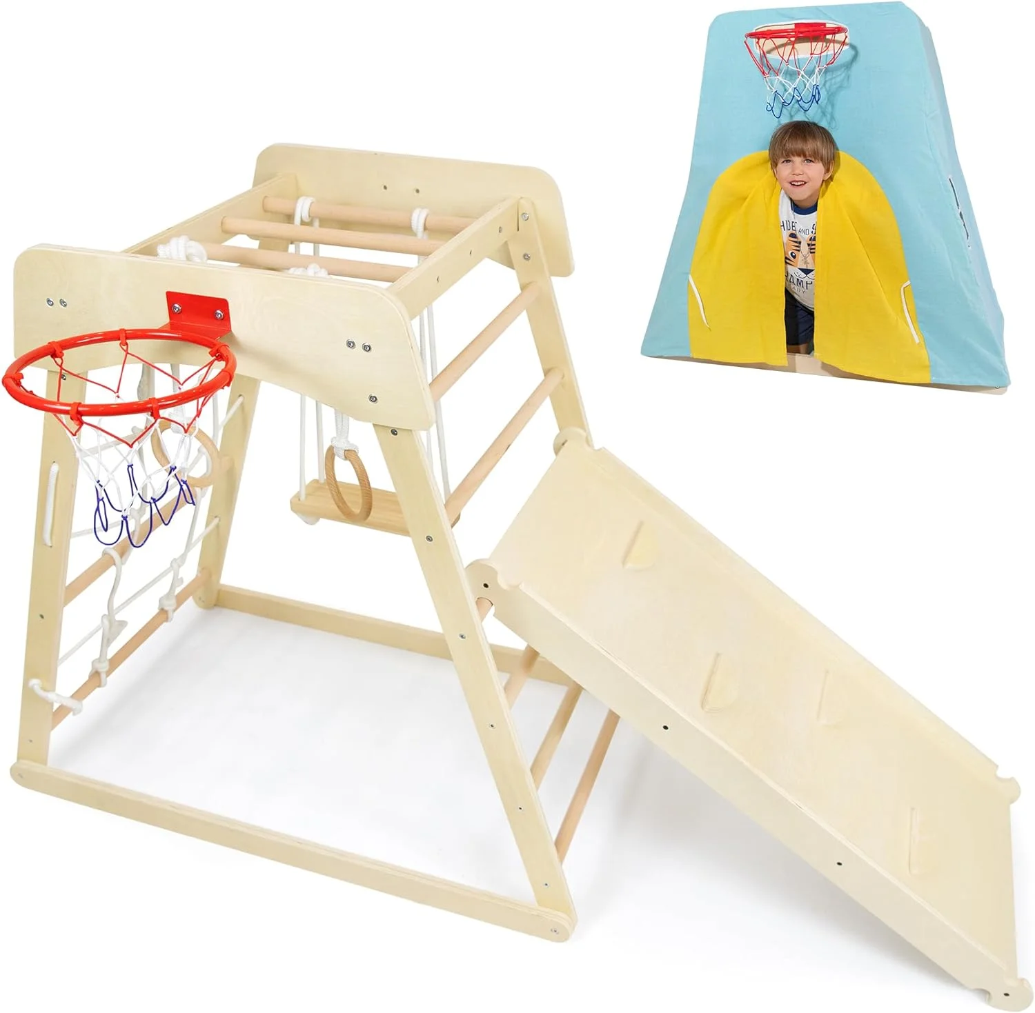 Toddler Climbing Toys Indoor 10-in-1 Montessori Jungle Gym Beech Indoor Playground Wooden Climber Playset Rock Ladder Monkey Bars Ring Swing Ball Frame Puzzle and Tent for Toddler Kid Baby 1-3