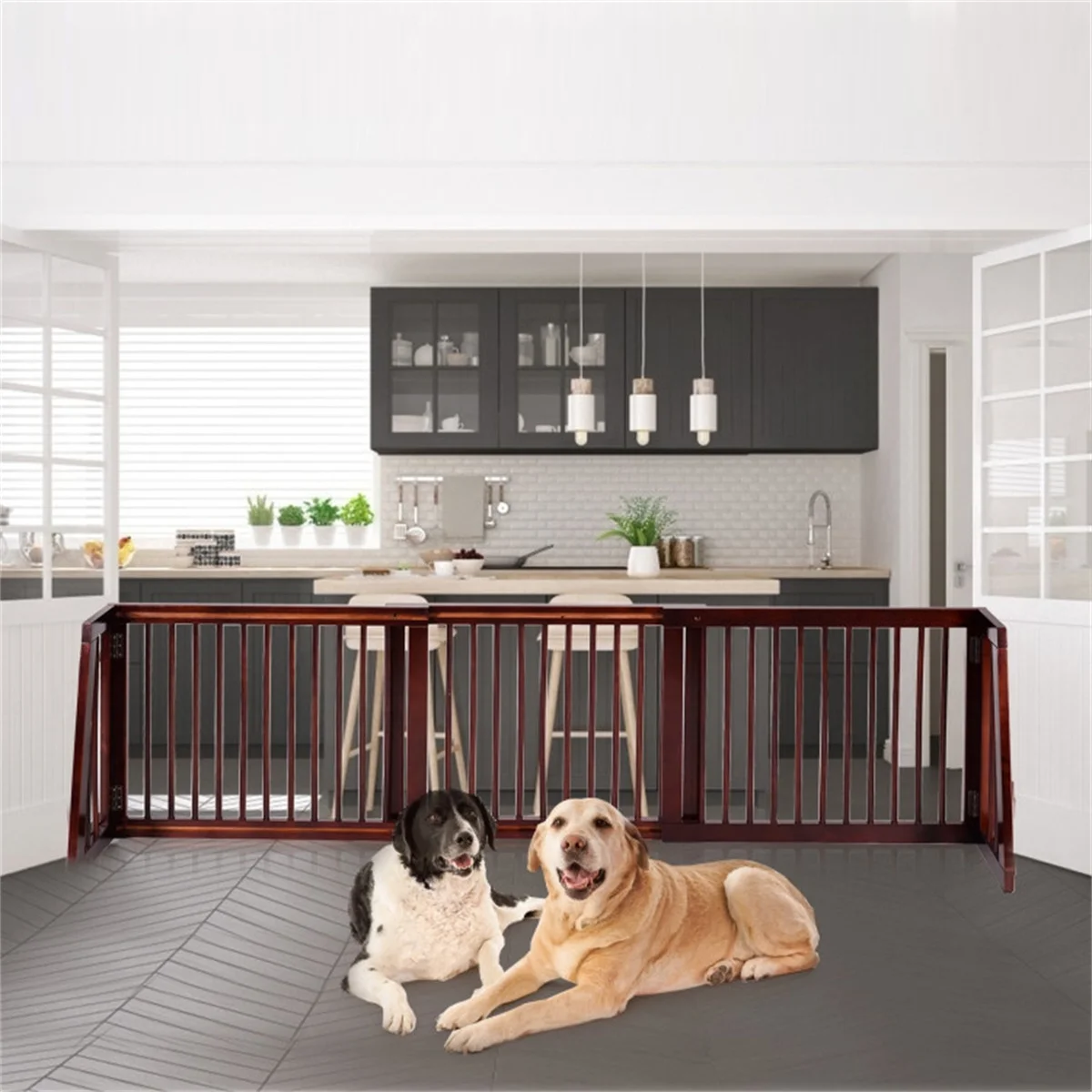 Wooden Pet Gate 3 Panels Freestanding Length Adjustable