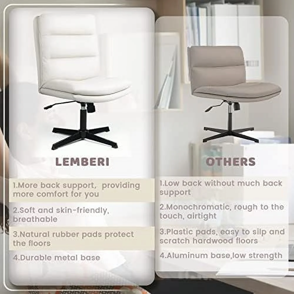 SJOINMB PU-Padded Armless Office Desk Chair No Wheels High-Back Wide Seat Home Chair 120° Rocking Cross Legged Computer Task Chairs Modern Adjustable Swivel Vanity Chairs (White)