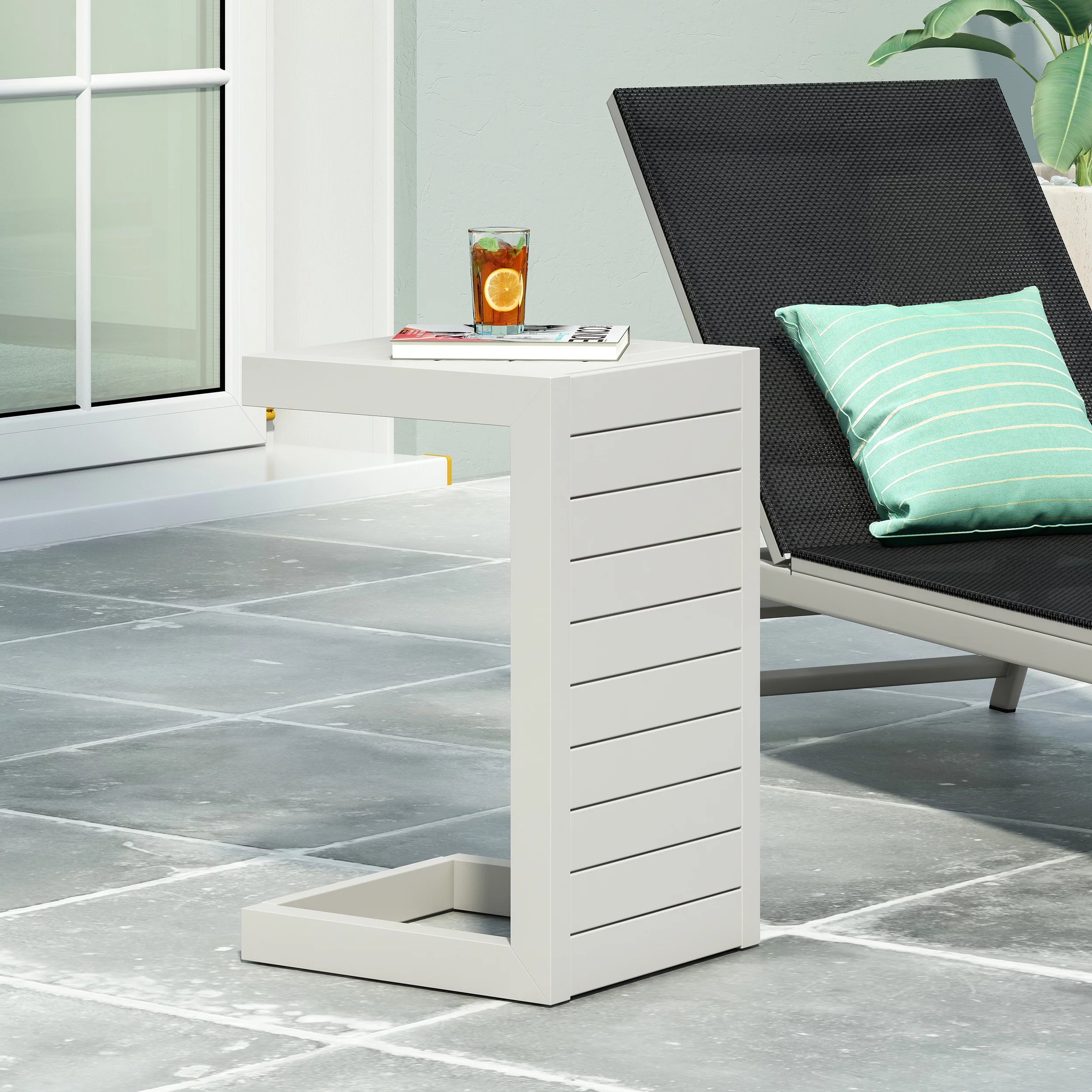 Noble House Cape Coral Outdoor Modern Aluminum C-Shaped End Table in White