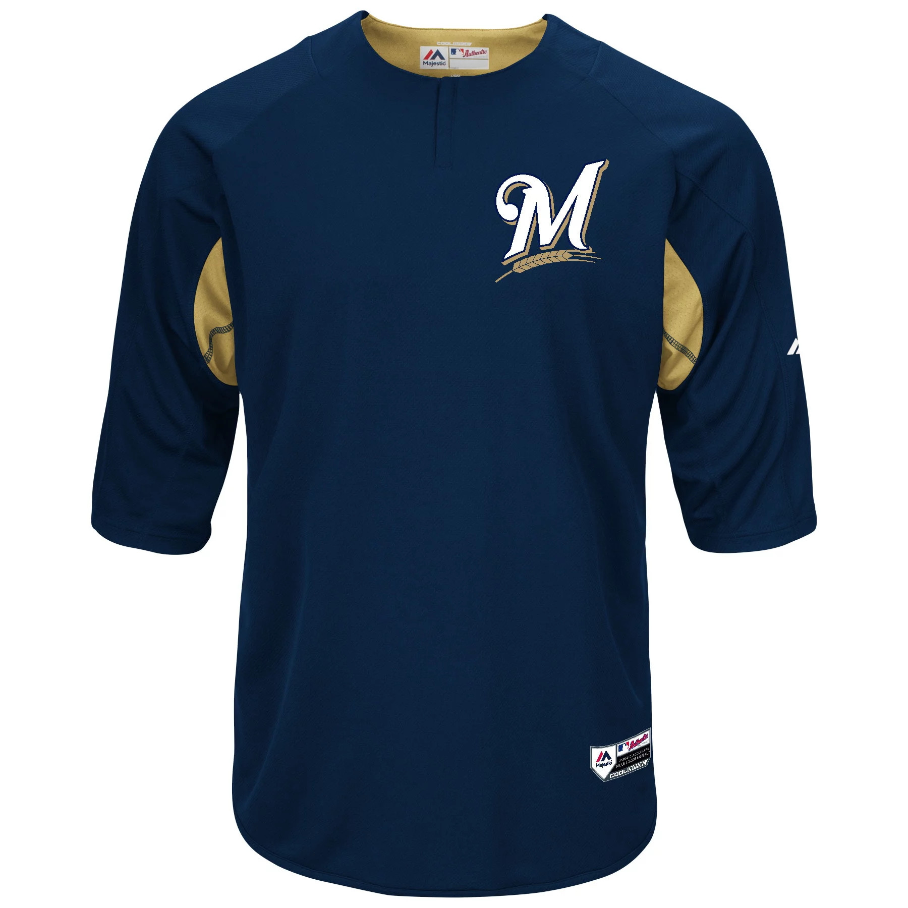 Men's Majestic Navy/Gold Milwaukee Brewers Authentic Collection On-Field 3/4-Sleeve Batting Practice Jersey