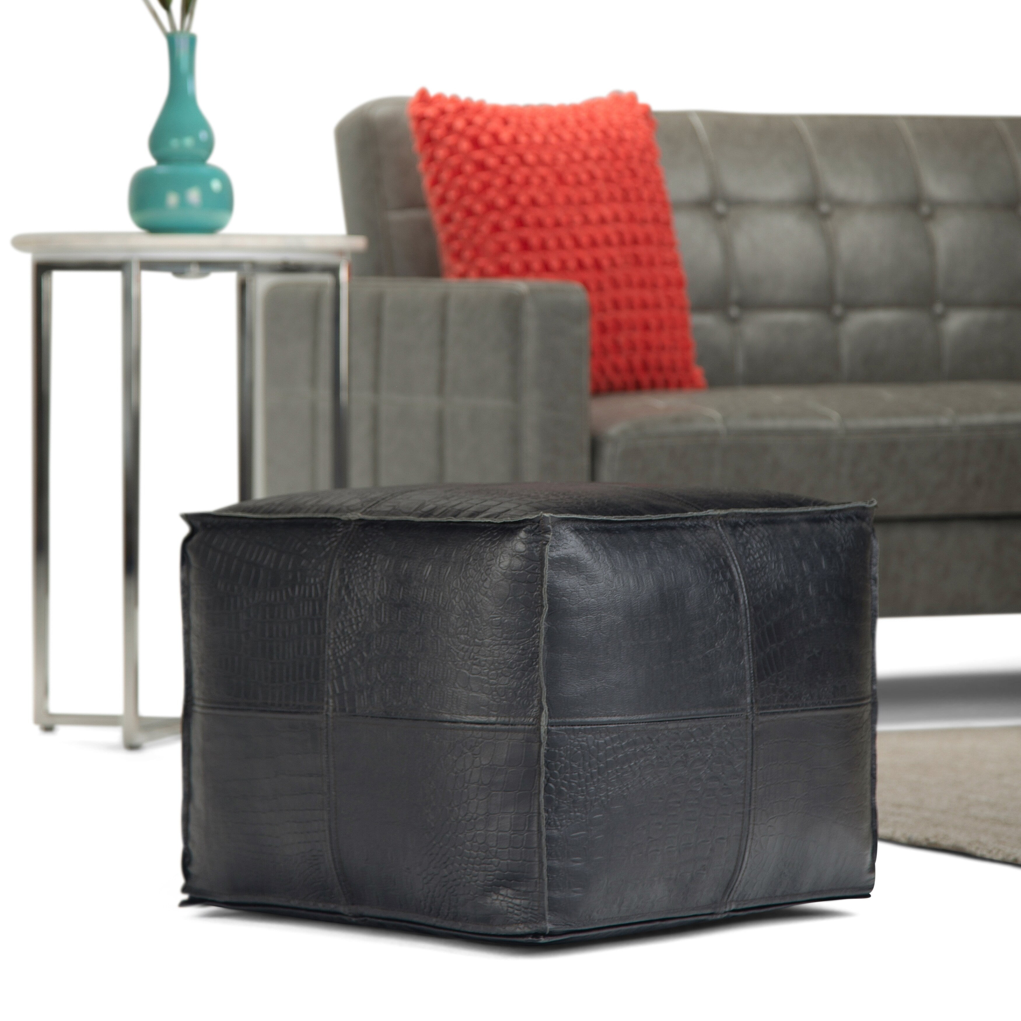 WyndenHall  Dennie Boho Square Pouf in Black Genuine Leather