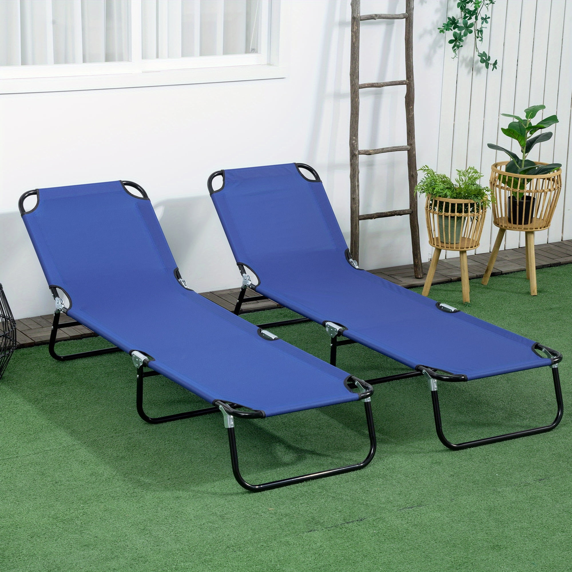 2 Piece Folding Chaise Lounge Pool Chairs, Outdoor Sun Tanning Chairs with 5-Level Reclining Back, Steel Frame for Beach, Yard, Patio, Blue