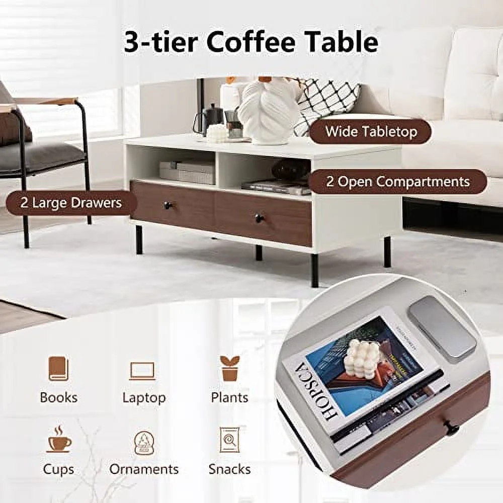 GOFLAME Coffee Table with 2 Drawers & Open Shelves, 2-Tier Center Table with Large Tabletop & 5 Steel Support Legs, Modern Rectangular Cocktail Table, Wooden Accent Living Room Furniture, White
