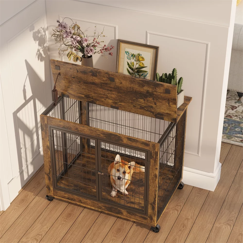 Kepmoveu Wooden Dog Crate Furniture,Dog Crate End Table with Tray, Furniture Dog Cage with Double Doors on Casters, Pet Crate Table Cage for Dogs