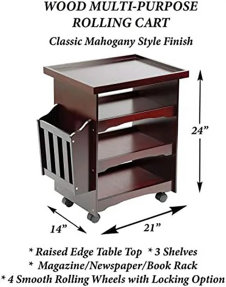 ETNA Rolling Bar Cart Multipurpose End Table With Wheels Narrow Side Table With Magazine Rack, Mahogany Wood Finish, 24