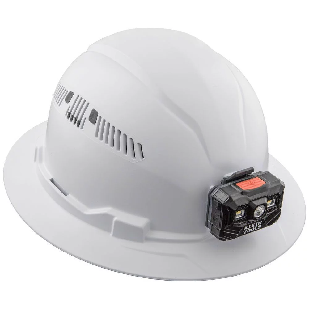 Klein Tools 60407RL Vented Full Brim Hard Hat with Rechargeable Headlamp - White