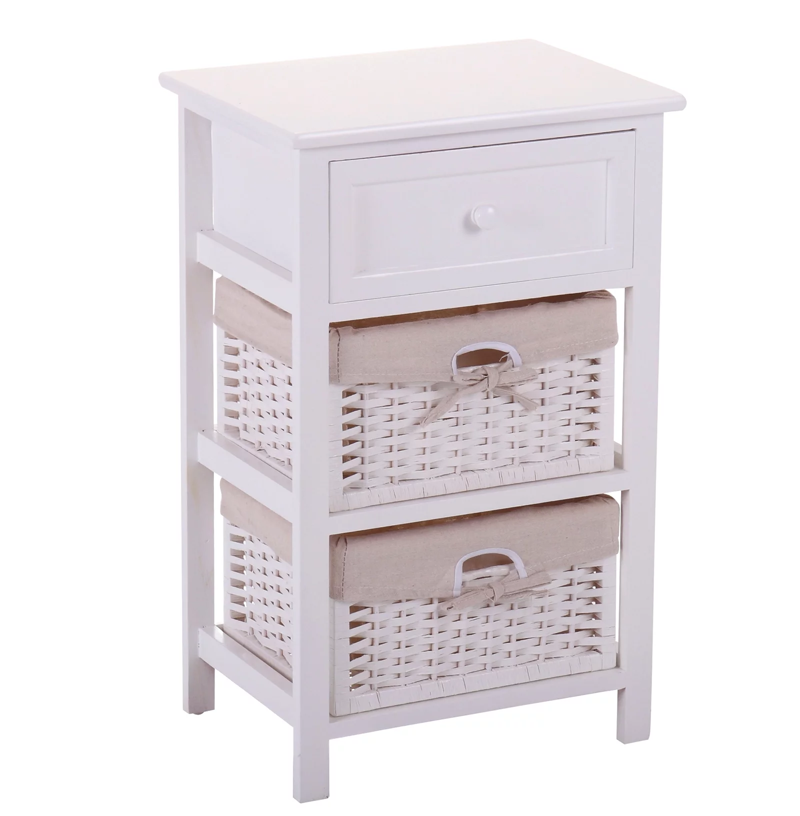 Anself One Drawer Nightstand with Two Removable Baskets, Storage Bedside Table, Modern End Table with Tall Legs, Indoors, White