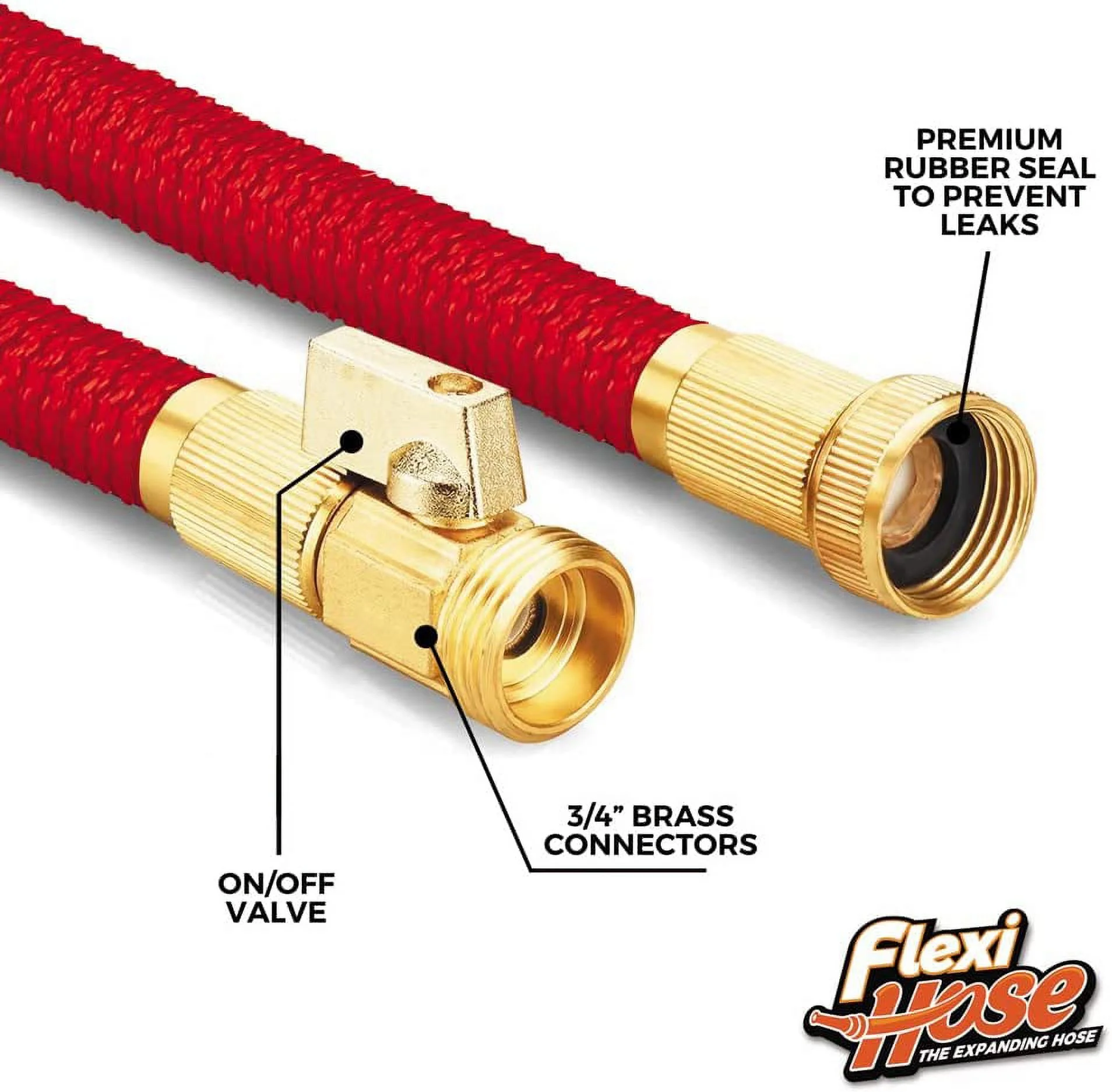 Flexi Hose Expandable Garden Hose | 75 FT No-Kink Flexible Hose | 3/4 Inch Solid Brass Fittings and Double Latex Core | 8 Function Nozzle (Red)