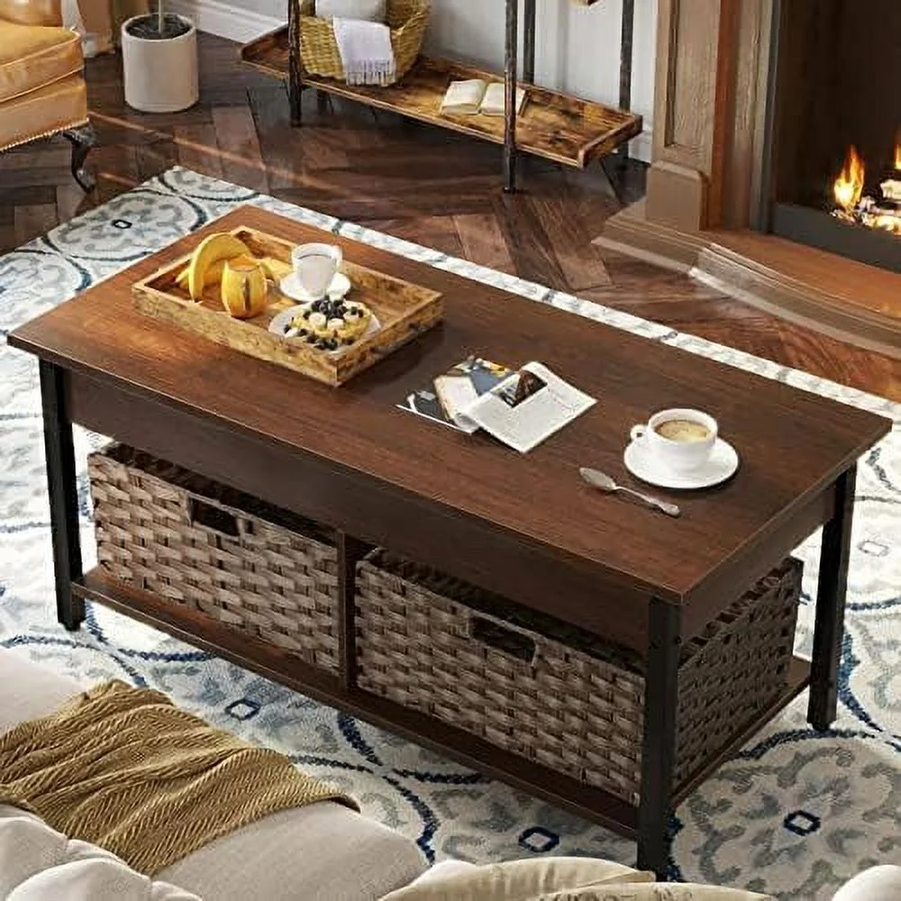 HBBOOMLIFE Coffee Table Lift Top with Hidden  Compartment and 2 Rattan Baskets  41.7" Retro Central Wooden Tabletop and Metal Frame for Living Room  Rustic Brown