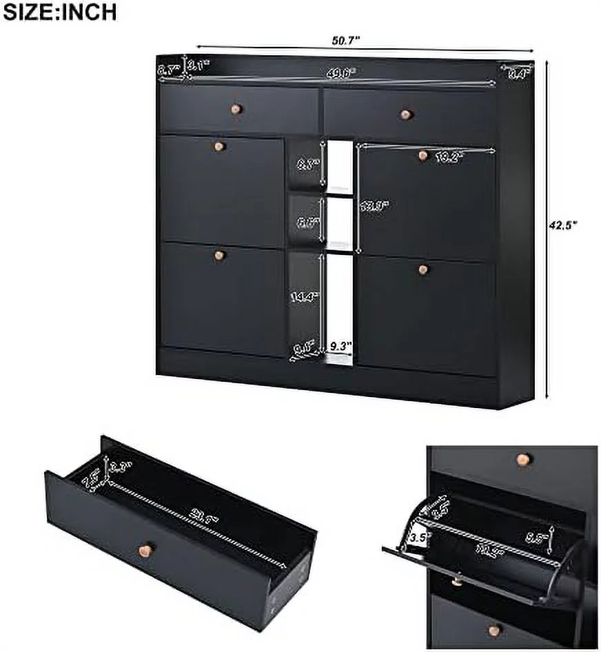 HYHBIBOOM Modern Entryway Shoe  Cabinet with 4 Flip Drawers Multifunctional 2-Tier Shoe  Organizer with Drawers Free Standing Narrow Shoe Rack for Entrance Hallway Black