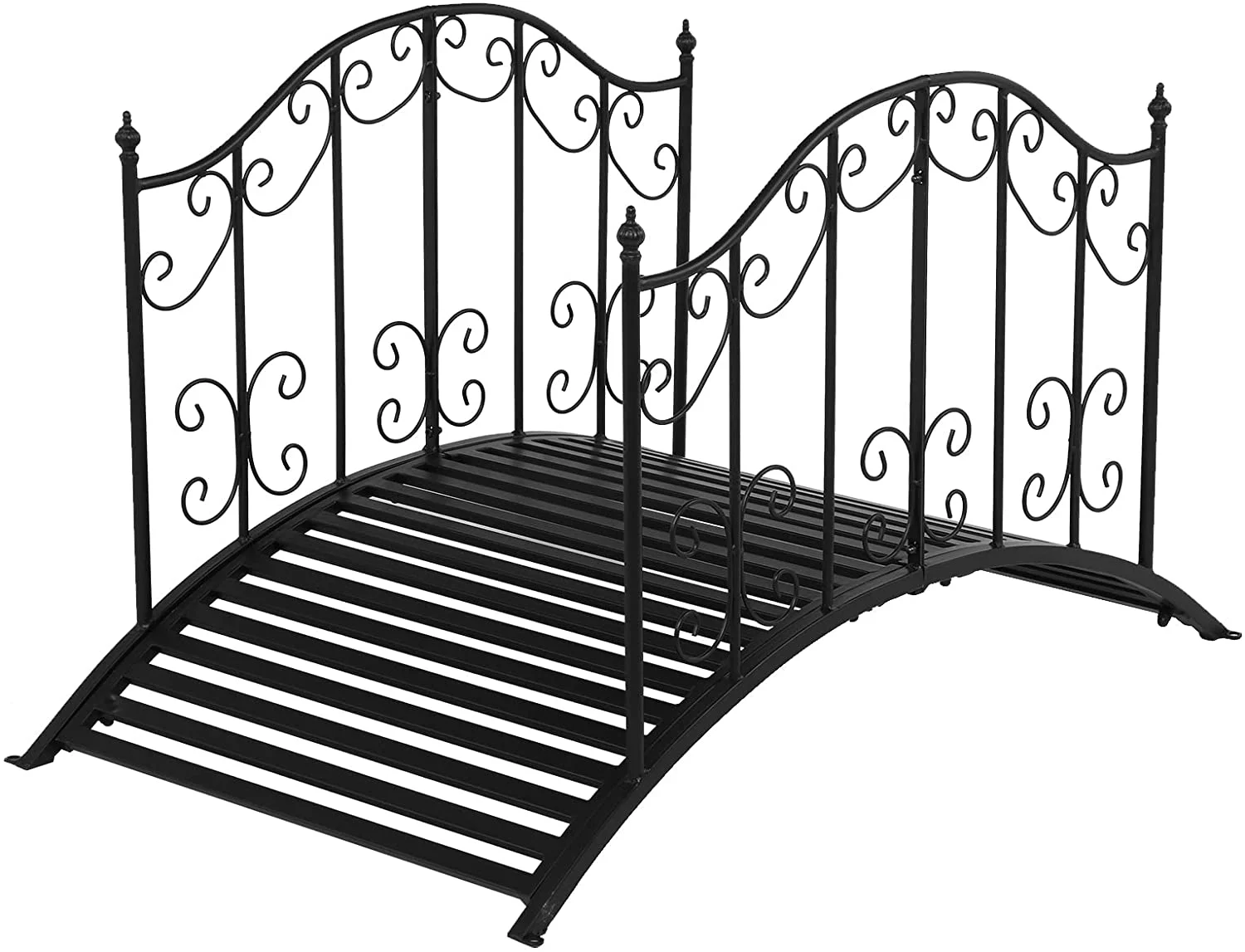 Garden Bridge Metal Yard Arch Path Bridge with Patterned Guardrails, Ourdoor Decorative Black Iron Foot Bridge for Pond and Backyard Landscaping-4FT