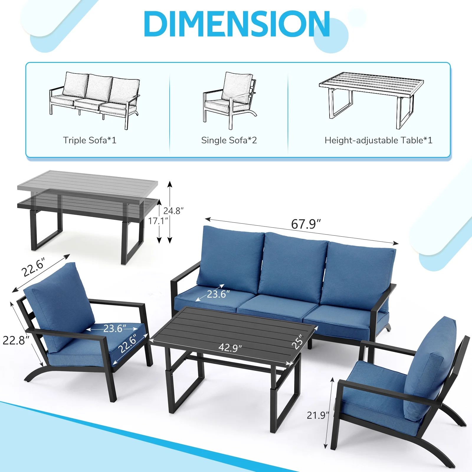 Danrelax 4 Pieces Aluminum Patio Furniture Set,Patio Conversation Set, Blue