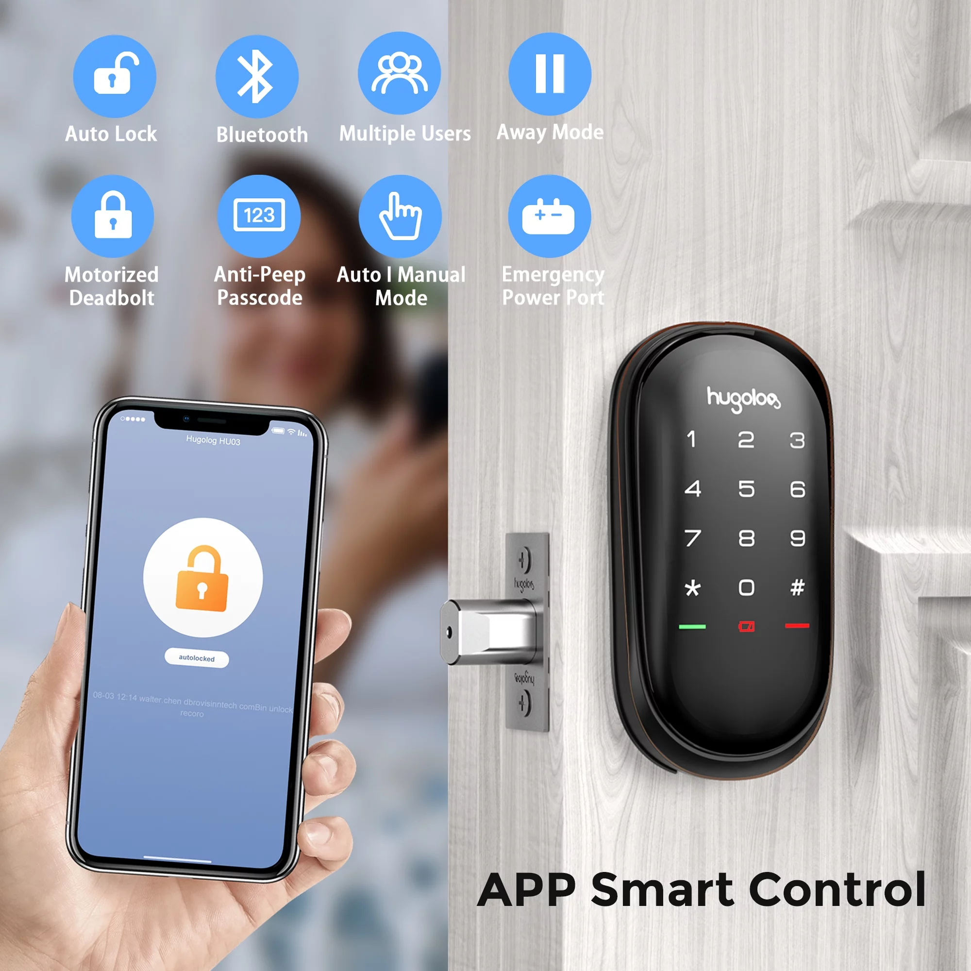 Hugolog Smart Door Locks (2 packs), Keyless Entry Door Locks, Touchscreen Deadbolt, Easy to install, Away mode, Anti-Peep Passcode