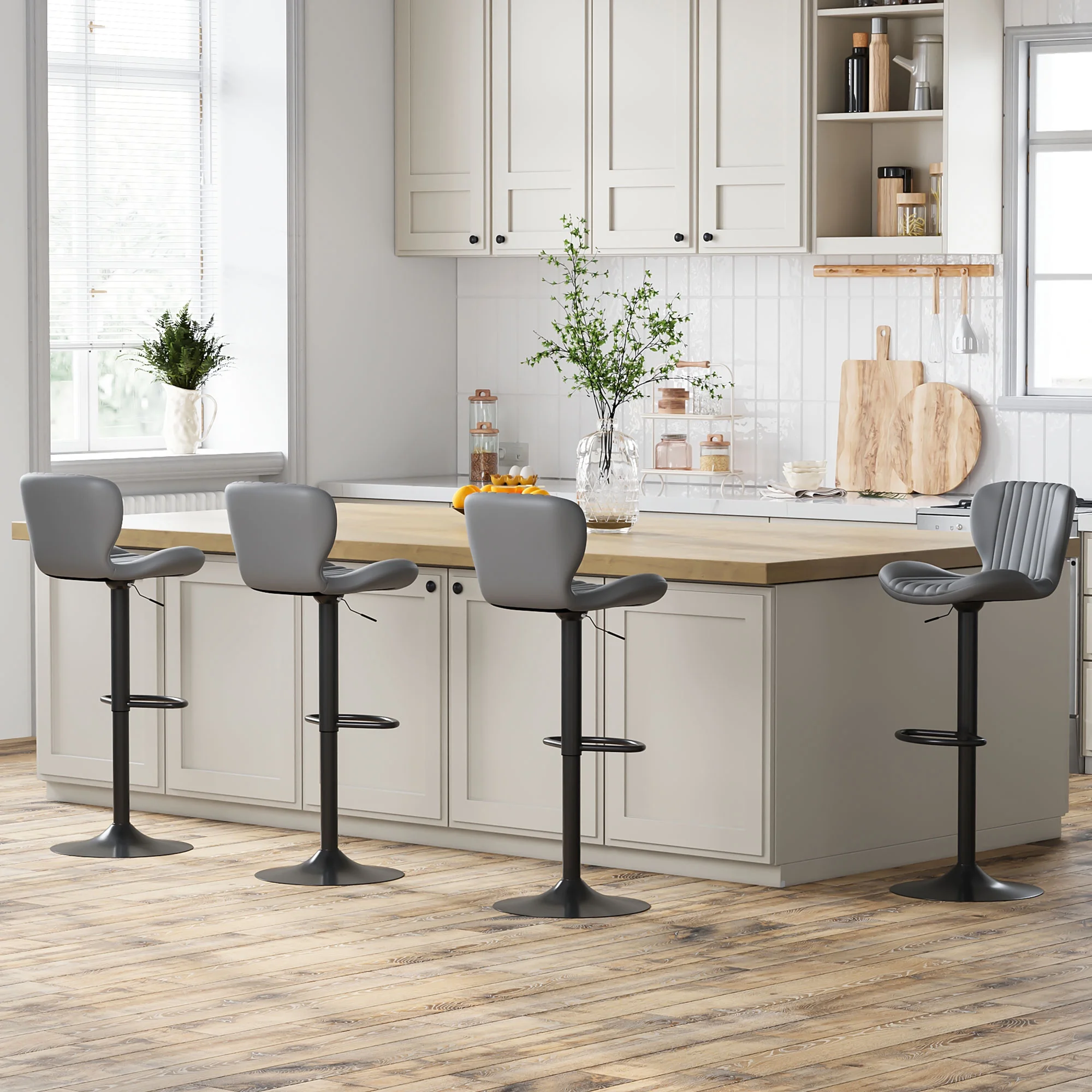 Walsunny Bar Stools Set of 4,Adjustable Leather Counter Height with High Backrest,Bar Chairs for Kitchen Island Dining，Room Bar,Grey