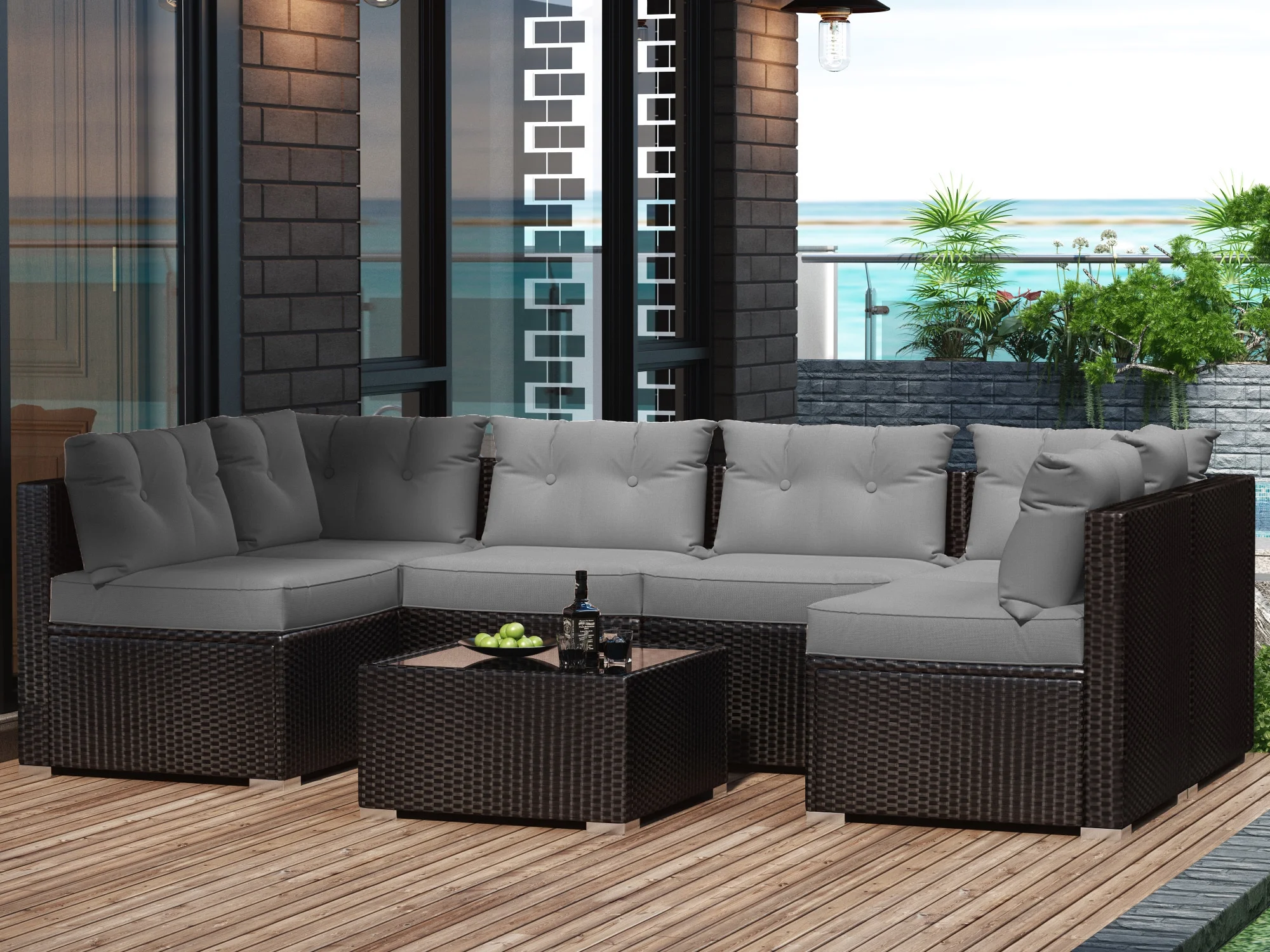 Amolife 7 Piece Outdoor Conversation Set, All-Weather Wicker Rattan Sectional Sofa Set with Cushions & Coffee Table, Morden Furniture Couch Set for Patio Deck Garden Pool