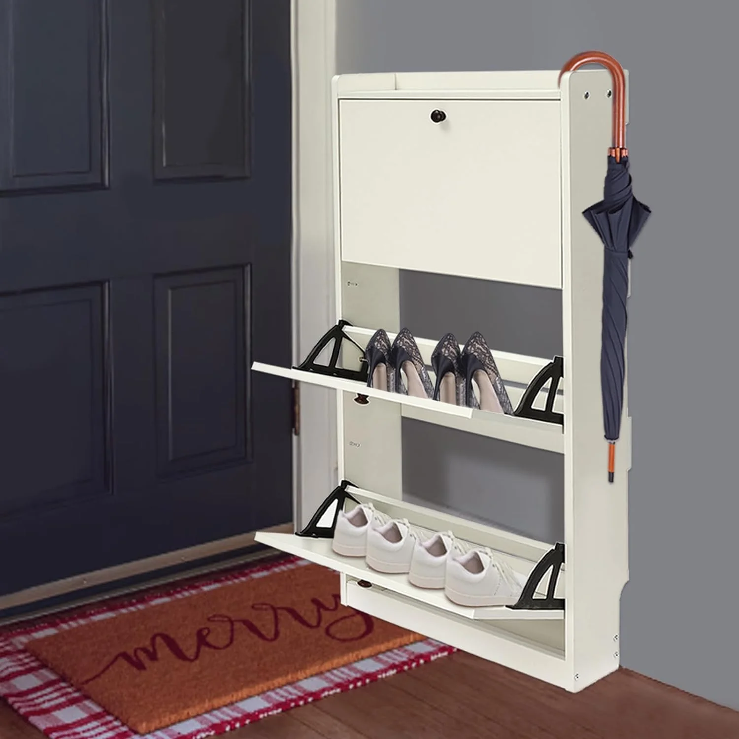 SQWCFD Entryway Slim Shoe Cabinet 3 Tiers Freestanding Narrow Shoe Rack Organizer Cabinet with Flip Drawers Wall Hidden Small Shoe Cabinet for Door Living Room Bedroom 19.7x6.7x43.3In