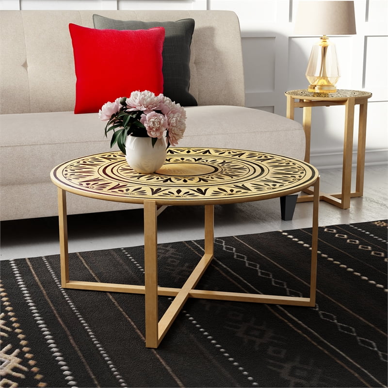 Pemberly Row Floral Designed Top & Cross-style Base Wood Coffee Table in Natural