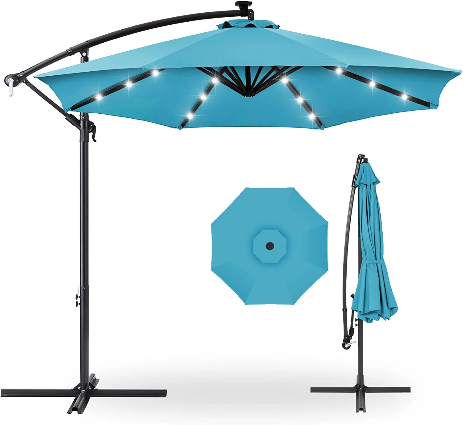 U-SHARE 10ft Solar LED Offset Hanging Market Patio Umbrella for Backyard, Poolside, Lawn and Garden w/Easy Tilt Adjustment, Polyester Shade, 8 Ribs - Sky Blue