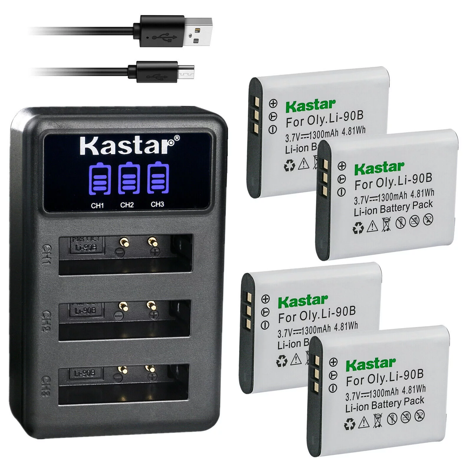 Kastar 4 Pack Battery and Triple Charger Compatible with Olympus Li-90B Li-92B Battery, LI-90C UC-90 Charger, Olympus Stylus XZ-2, XZ-2 iHS, Stylus SP-100EE, OM SYSTEM Tough TG-6, Tough TG-7 Camera