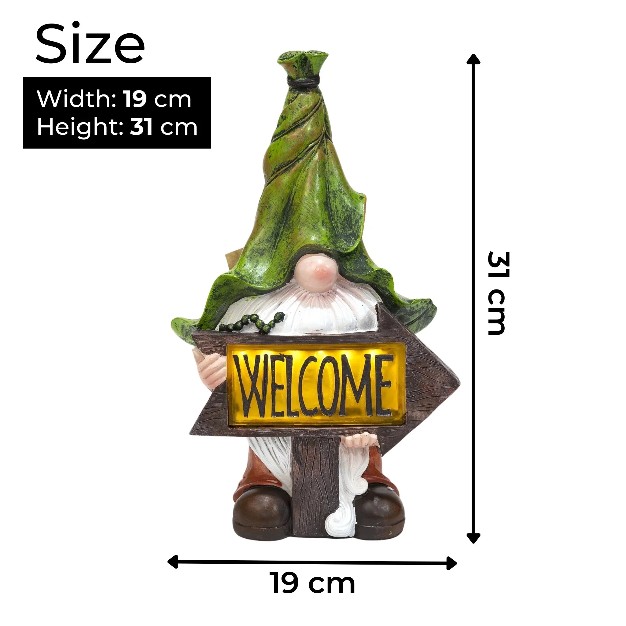 Accent Collection Garden Gnome with Leaf Hat and Welcome Sign, Solar-Powered LED Light